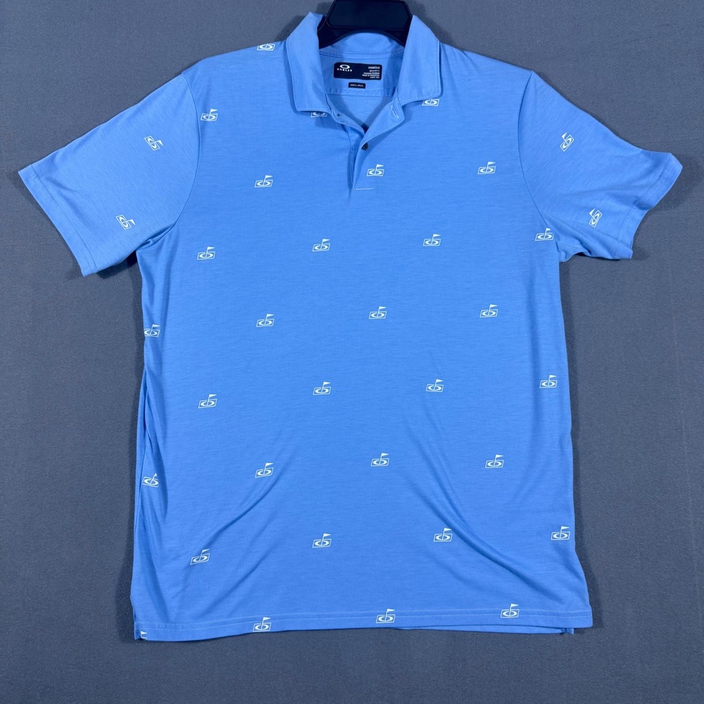 Oakley Polo Shirt Men Large Blue Hydrolix Golf Flag Print Short Sleeve Active
